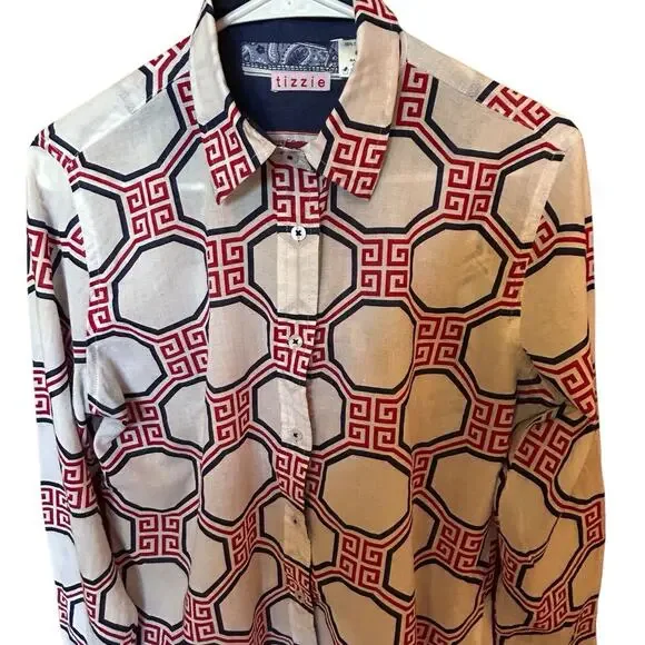 TIZZIE Women’s 100% Cotton Collared Long Sleeve Red White Blue Top Blouse Size M - Picture 4 of 12